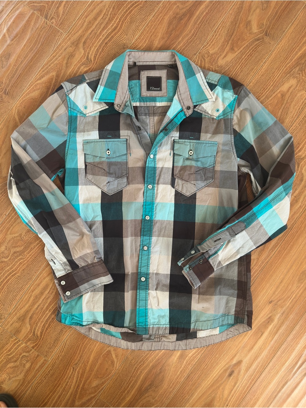 7 Diamonds Men's Teal, Gray & Brown Plaid Button-Down Shirt